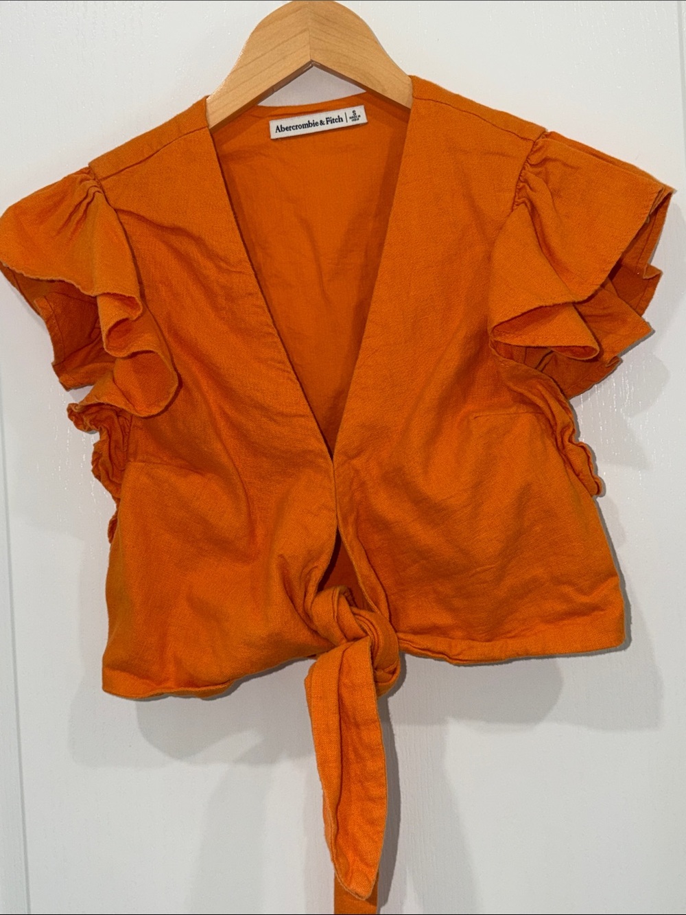 Abercrombie & Fitch Bright Orange Ruffle Tie-Front Crop Top linen blend small